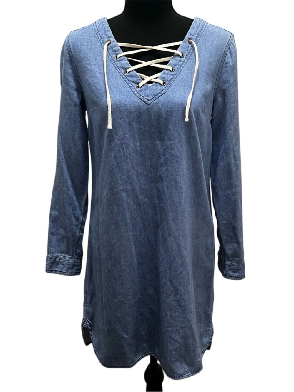 Old Navy Women XS Chambray Lace Up Beach Vacation Long Sleeve Cotton Shirt Dress